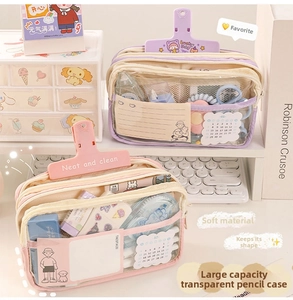 Close-up of three-layer large capacity transparent pencil case in pink and purple colors