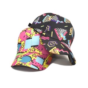 Set of two graffiti baseball caps featuring retro Memphis art and geometric patterns