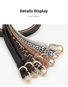 Close-up of minimalist women's belts with golden double-D buckles in various colors