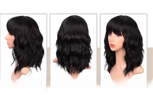 Three-way view of a black wavy wig with bangs showing side and back perspectives