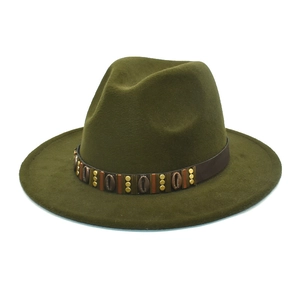 Detail of dark olive wool fedora with leather band and gold rivet embellishments