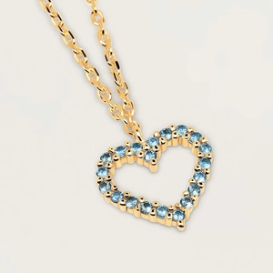 Elegant S925 silver heart necklace with blue stones and golden O-chain for women