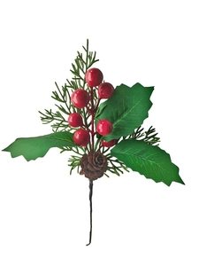 Detailed Christmas pick with red berries, pine needles, and a small natural pine cone