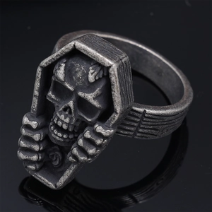 Vintage gothic skull coffin ring with rose details in oxidized silver finish