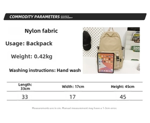 Tabla de tallas detallada y datos del material para la mochila de negocios oxford