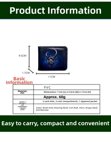 Detailed specs of men's skull print wallet with PVC material and dimensions