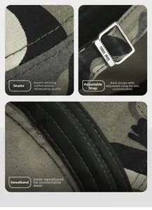 Detail of camouflage cap showing stitching, adjustable metal buckle, and sweatband