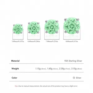 Size chart for 925 sterling silver earrings with diameters from 5mm to 8mm