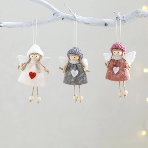 Christmas Angel Doll Hanging Ornament Felt Knitted Hat Wood Beads Heart Decor Festive Tree Decoration Handmade Craft Gift