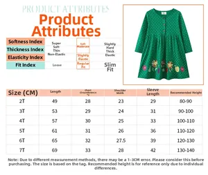 Detailed size chart and product specifications for girls' cartoon knit patchwork dress