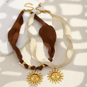 Luxury 18K gold plated stainless steel sun pendant necklace with silk ribbon straps