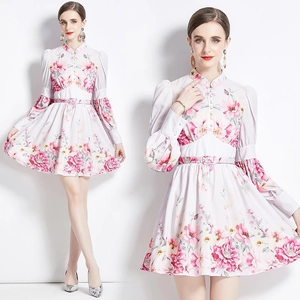 Robe Mini Imprimé Fleuri Polyester Col Montant Manches Lanternes Longues Bouton Ceinture Assortie Rétro Élégant Femmes
