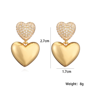 Minimalist double heart drop earrings in gold plating with sparkling zircon stones