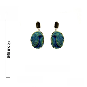 Detailed view of oval vintage oil painting earrings with 925 silver needles