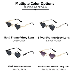 Detailed grid of geometric heart-shaped sunglasses in four metallic frame finishes