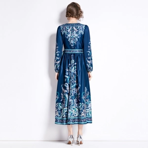 Navy blue V-neck long-sleeve paisley print maxi dress with a waist tie and silk finish