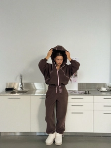 Femme Sweat À Capuche Et Pantalon Streetwear Décontracté Fermeture Éclair Tissu Coton Garniture Rose Broderie Dos Taille Haute