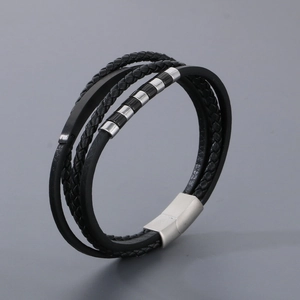 Multilayer braided leather bracelet for men with silver stainless steel magnetic clasp