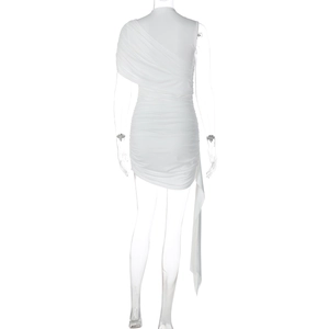 Detailed back view of white ruched bodycon dress with elegant draping ribbon detail