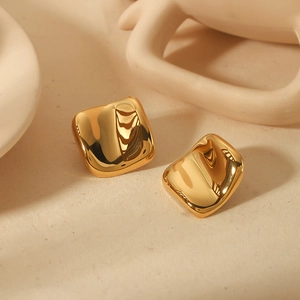 Minimalist Irregular Square Stud Earrings 18K Gold Plated Stainless Steel Wrinkled Textured Polished Jewelry For Women