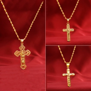 Jesus Cross Pendant Gold Plated Copper Hip Hop Crucifix Religious Jewelry For Men Women Vintage Charm