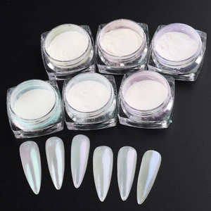 Set of 6 jars Aurora pearl nail powder with swatches showing iridescent chrome finish