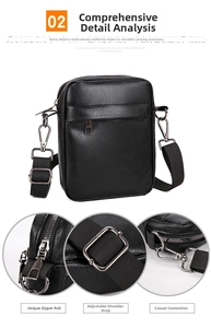 Detail view of black pebble leather crossbody bag with adjustable strap and metal hardware