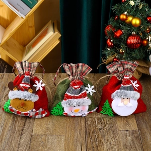 Christmas Gift Bag Felt Fabric Drawstring Candy Pouch Cartoon Santa Snowman Reindeer Holiday Party Decor