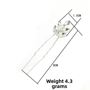Detailed view of U-shaped bridal hair pin with marquise rhinestones and size measurements