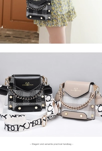 Detail of grid pattern mini crossbody bag featuring always love you text and wide strap