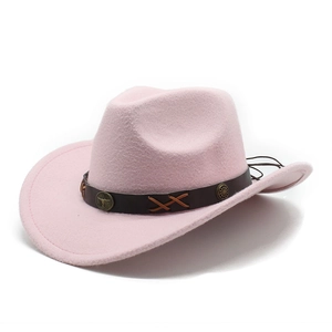 Detail of pink felt cowboy hat featuring leather band and metal bull head ornament