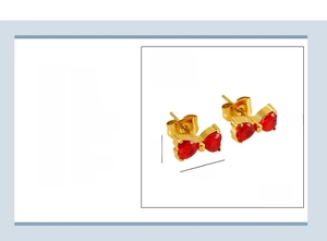 Detailed diagram of 18K gold plated bow earrings featuring red heart-shaped zircon stones