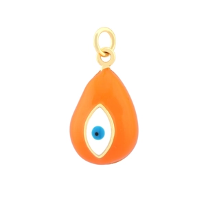 Detailed macro view of orange teardrop evil eye pendant with gold plated metal edging