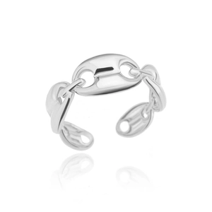 Polished silver pig nose chain ring with adjustable open design on white background