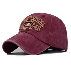 Detail of vintage burgundy cotton baseball cap with American flag and 46 embroidery