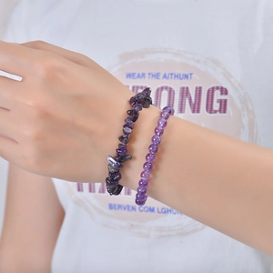 Double-layered natural purple amethyst beaded bracelet set featuring tumbled stones and 6mm round beads