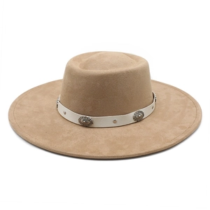 Chapeau Fedora Unisexe À Large Bord Calotte Plate Suédine Bande Décorative Ethnique Conchos Métalliques
