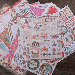 Pink vintage Christmas scrapbooking paper set with festive dessert and floral patterns