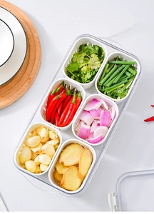 Kitchen organizer with 6 white straining compartments for storing scallions and ginger