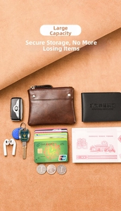 Flat lay of brown leather coin pouch showing its capacity for keys and cards