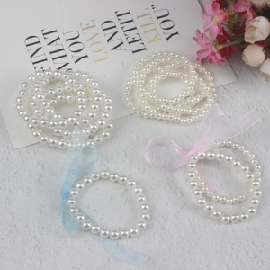 Elegant Plastic Imitation Artificial Pearl Beaded Bracelet With Ribbon Bow Decoration For Sweet Girls Kids Jewelry Accessory