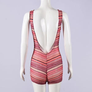 Back view of a striped backless slim-fit romper on a professional white mannequin