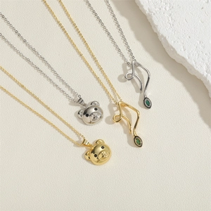 Cute copper bear pendant necklace and snake design curved chain with green rhinestones