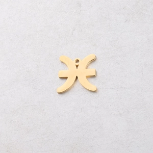 Close-up of a 15mm golden stainless steel Pisces zodiac pendant with a polished mirror finish