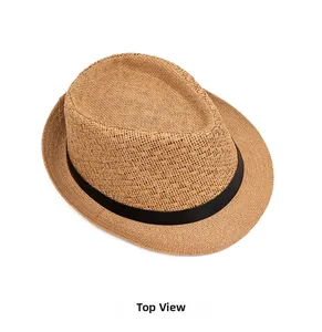 Top-down view showing fine straw weaving and black ribbon on a khaki Panama fedora