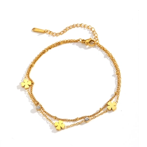 Double-layered gold stainless steel anklet with four-leaf clover motifs and crystal accents