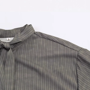 Modern dark grey striped shirt featuring a stylish bow-tie collar and S-size neck tag