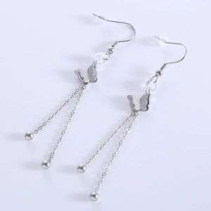 Silver long tassel butterfly earrings with frosted texture and clear crystal beads