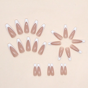 Long ballet coffin press-on nails with French white tips and natural nude pink base