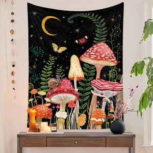 Black mushroom tapestry with colorful butterfly and moon stars wall hanging decor